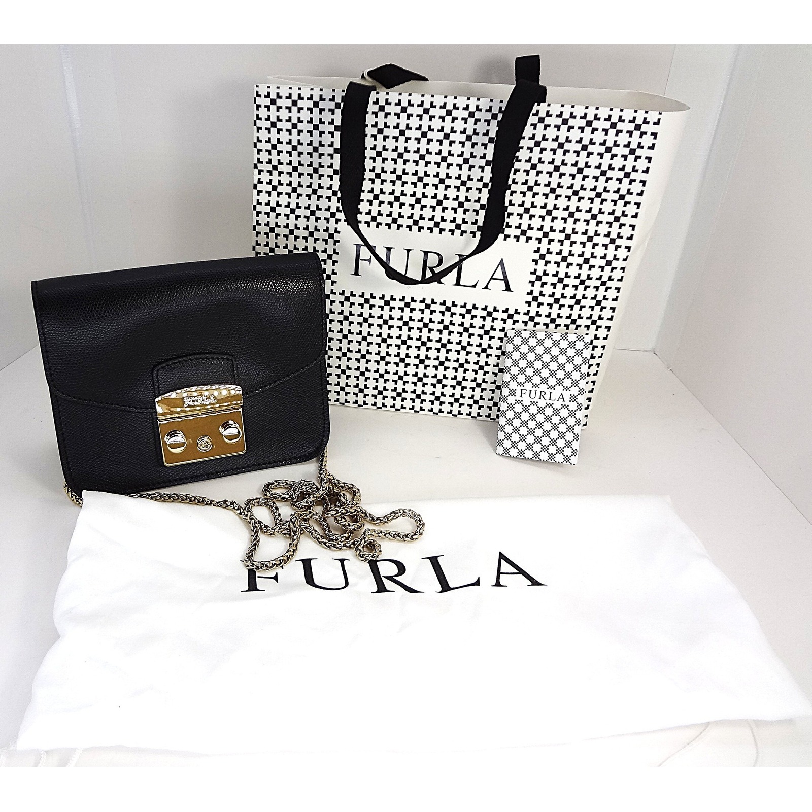 Furla Metropolis Black Leather Crossbody Mini Chain Shoulder Bag Dust Bag Nwot